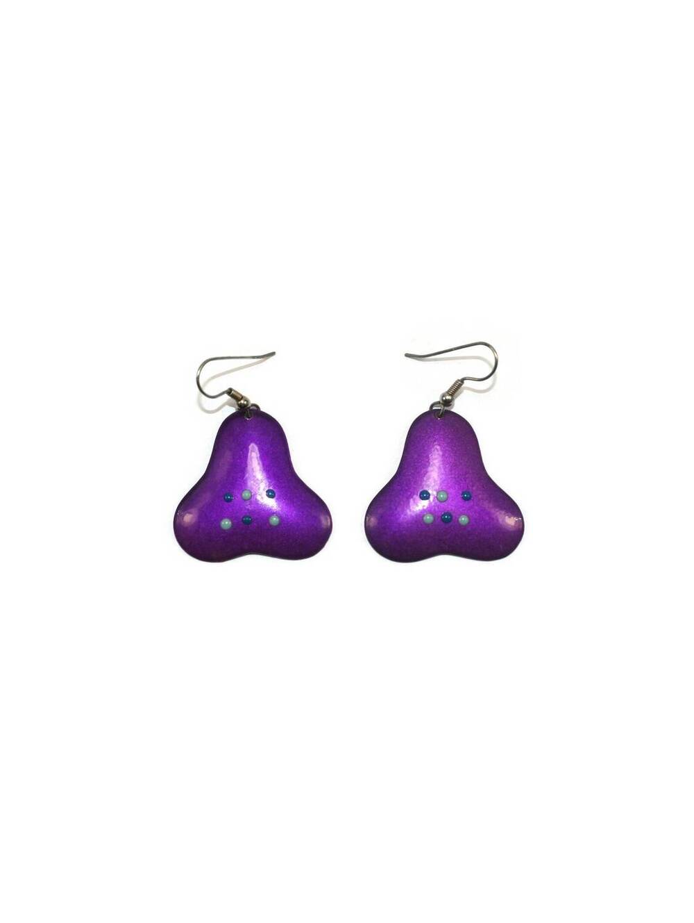 Vintage Silver Tone and Purple Enamel Dangle Earrings with Hook Backs.